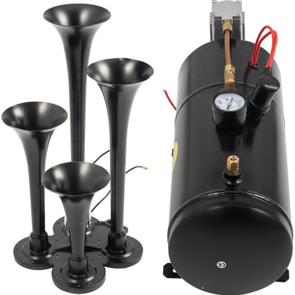 ODDTOOLS 150DB Train Horns Kit for Trucks Super Loud with 120 PSI 12V Air Compressor 4 Trumpet Air Horn Compressor Tank For Any Vehicle Trucks Car Jeep Or SUV (Black) 0.8 Gal/3L