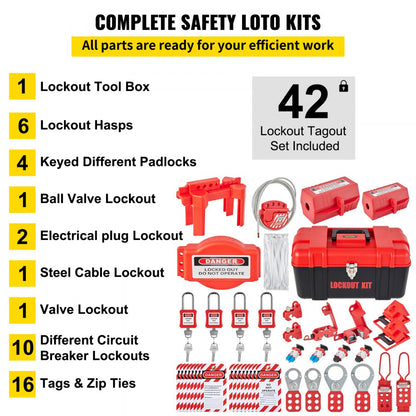 ODDTOOLS 42 PCS Lockout Tagout Kits, Electrical Safety Loto Kit Includes Padlocks, 5 Kinds of Lockouts, Hasps, Tags & Ties, Box, Lockout Safety Tools for Electrical Risk Removal in Industrial, Machinery