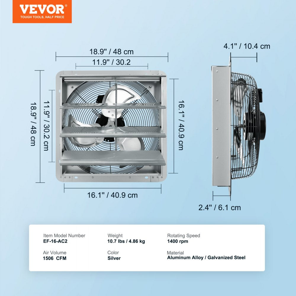 ODDTOOLS 16'' Shutter Exhaust Fan, High-speed 2000 CFM, Aluminum Wall Mount Attic Fan with AC-motor, Ventilation and Cooling for Greenhouses, Garages, Sheds, Shops, FCC