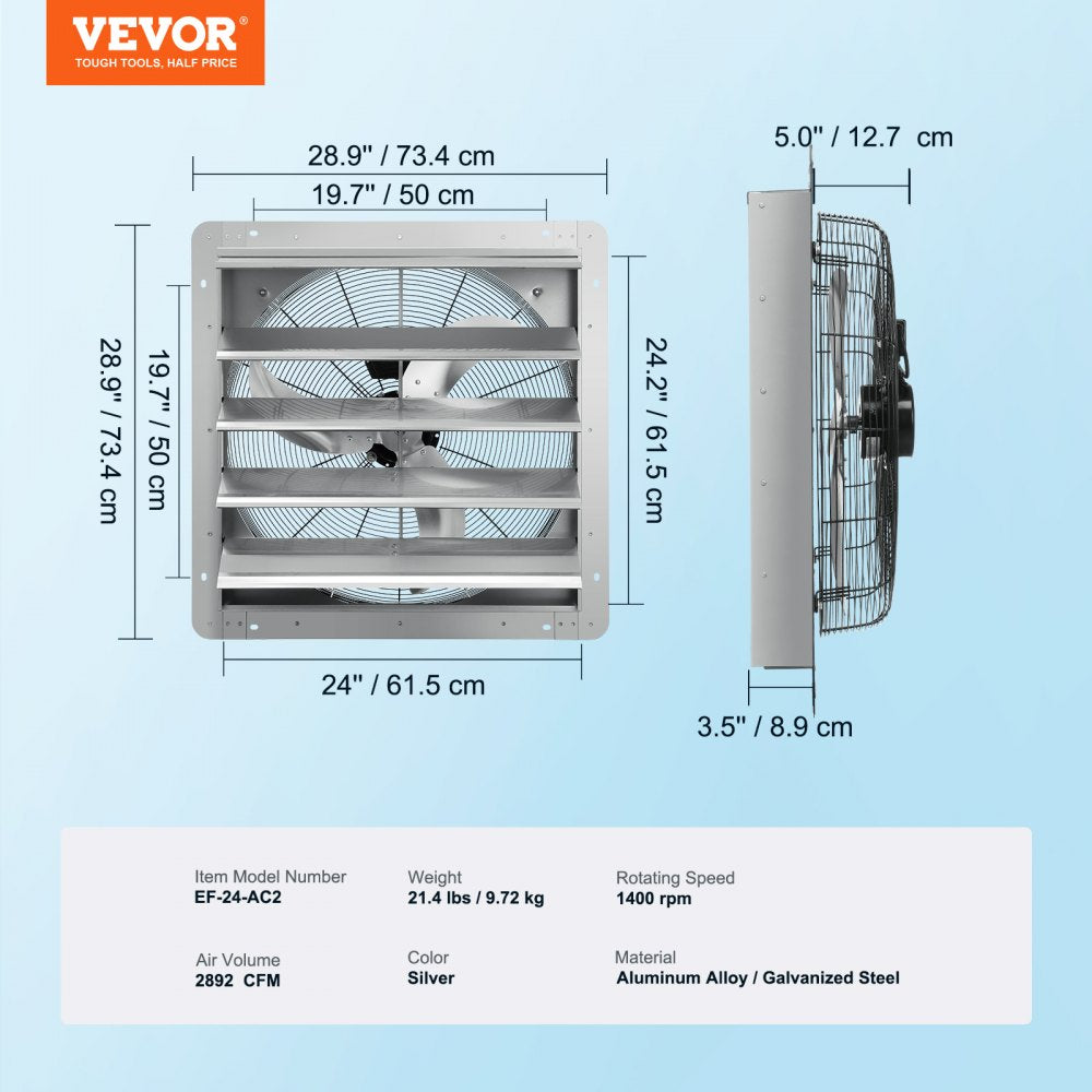 ODDTOOLS 24'' Shutter Exhaust Fan, High-speed 3320 CFM, Aluminum Wall Mount Attic Fan with AC-motor, Ventilation and Cooling for Greenhouses, Garages, Sheds, Shops, FCC