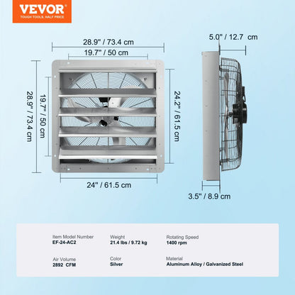 ODDTOOLS 24'' Shutter Exhaust Fan, High-speed 3320 CFM, Aluminum Wall Mount Attic Fan with AC-motor, Ventilation and Cooling for Greenhouses, Garages, Sheds, Shops, FCC