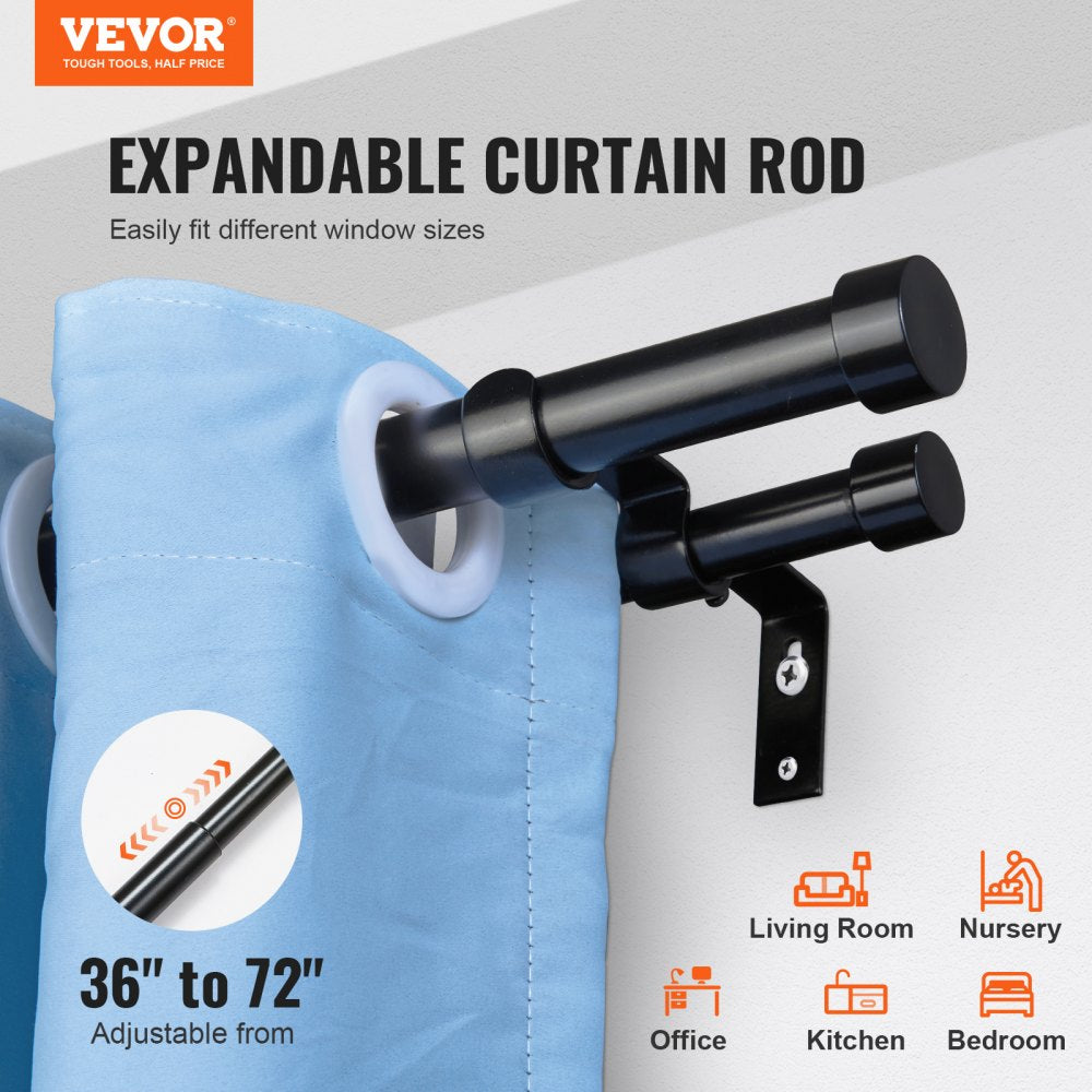 ODDTOOLS 1 Inch Double Curtain Rods 36 to 72 Inches(3-6ft), Drapery Rods for Windows 24 to 68 Inches, Telescoping Dual Curtain Rod with Round Finials, Black