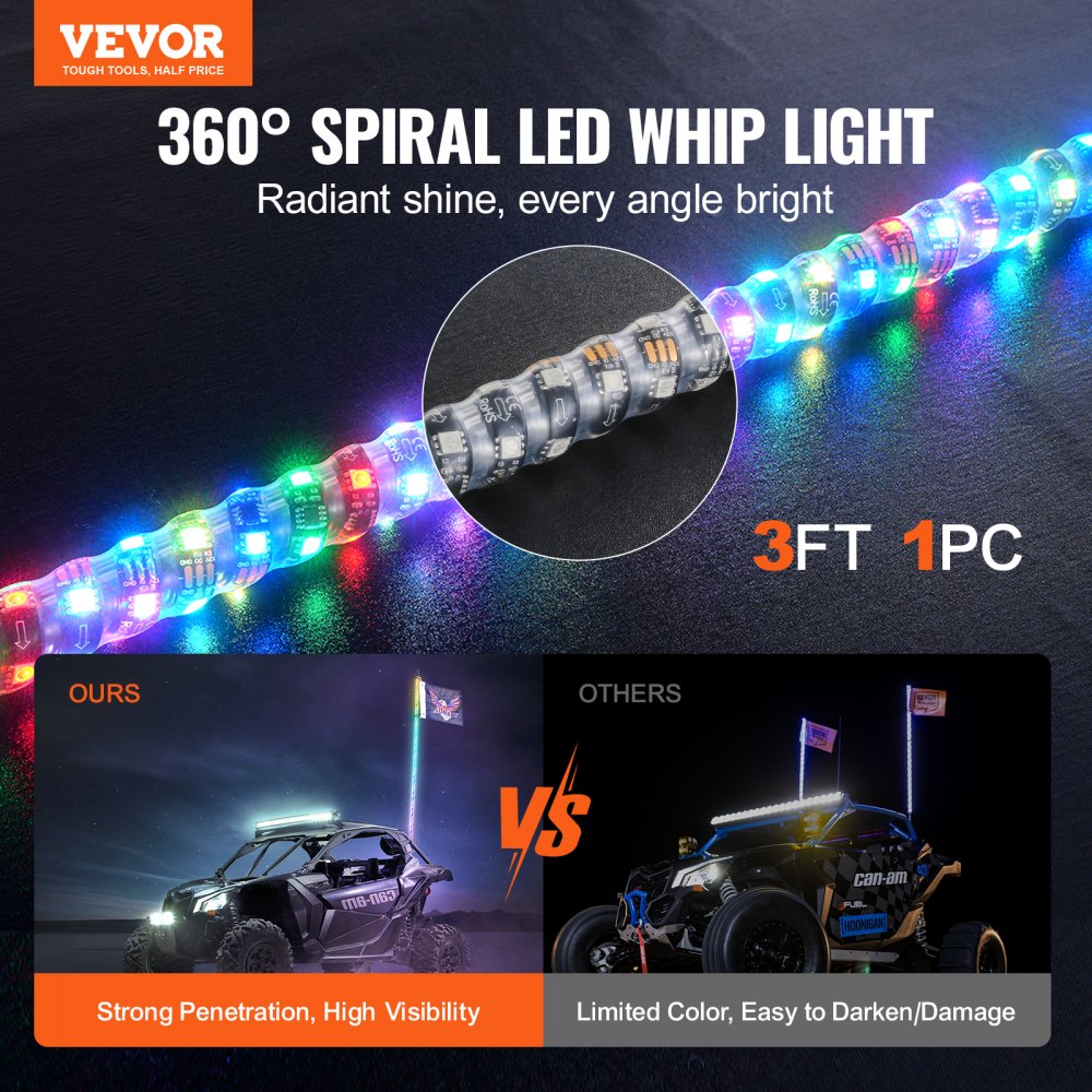 ODDTOOLS 1 PC 3 FT Whip Light, APP & RF Remote Control Led Whip Light, Waterproof 360° Spiral RGB Chasing Lighted Whips with 2 Flags, for UTVs, ATVs, Motorcycles, RZR, Can-am, Trucks, Off-road, Go-karts