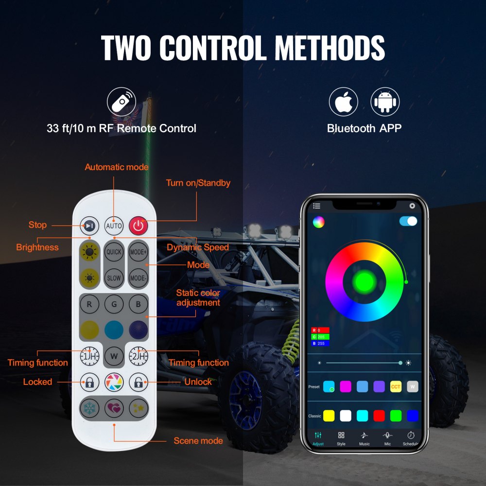 ODDTOOLS 1 PC 3 FT Whip Light, APP & RF Remote Control Led Whip Light, Waterproof 360° Spiral RGB Chasing Lighted Whips with 2 Flags, for UTVs, ATVs, Motorcycles, RZR, Can-am, Trucks, Off-road, Go-karts