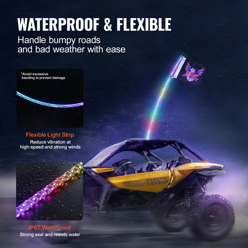 ODDTOOLS 1 PC 3 FT Whip Light, APP & RF Remote Control Led Whip Light, Waterproof 360° Spiral RGB Chasing Lighted Whips with 2 Flags, for UTVs, ATVs, Motorcycles, RZR, Can-am, Trucks, Off-road, Go-karts