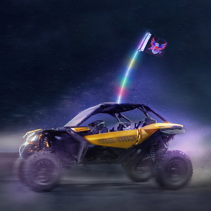 ODDTOOLS 1 PC 3 FT Whip Light, APP & RF Remote Control Led Whip Light, Waterproof 360° Spiral RGB Chasing Lighted Whips with 2 Flags, for UTVs, ATVs, Motorcycles, RZR, Can-am, Trucks, Off-road, Go-karts