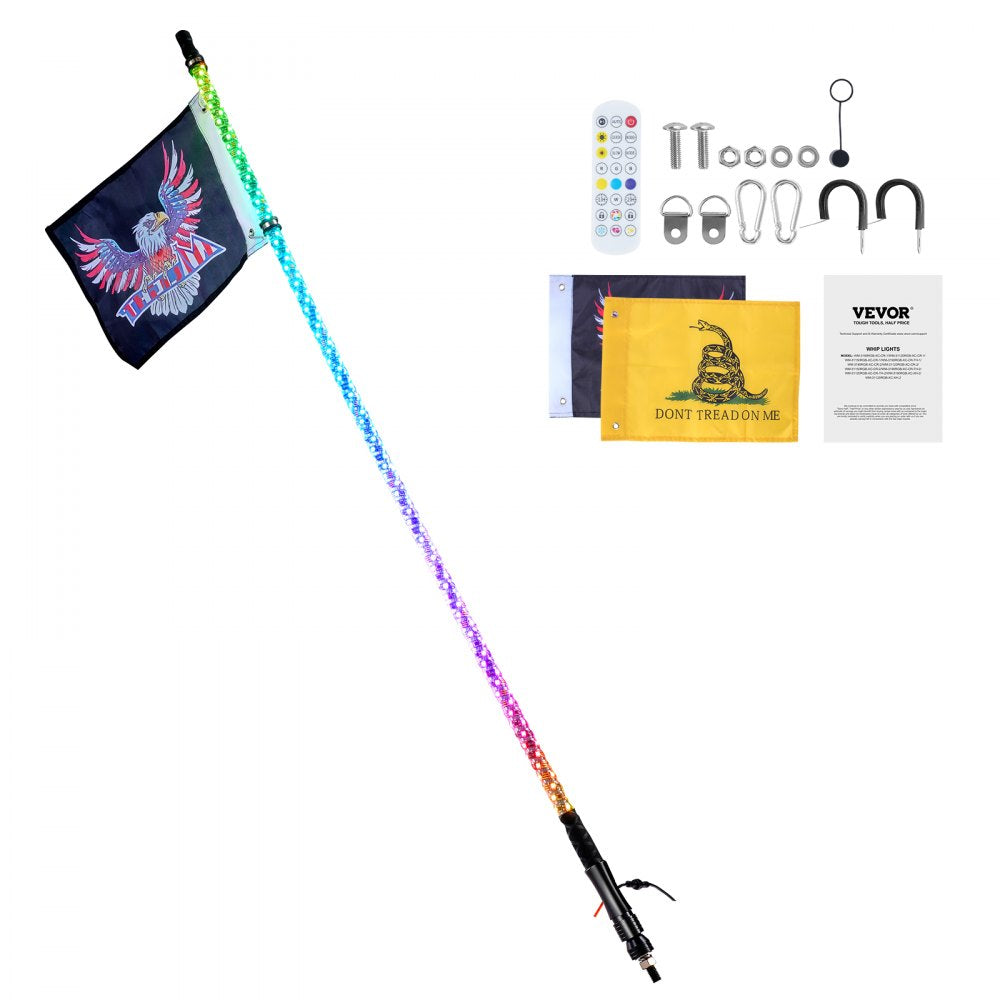 ODDTOOLS 1 PC 3 FT Whip Light, APP & RF Remote Control Led Whip Light, Waterproof 360° Spiral RGB Chasing Lighted Whips with 2 Flags, for UTVs, ATVs, Motorcycles, RZR, Can-am, Trucks, Off-road, Go-karts