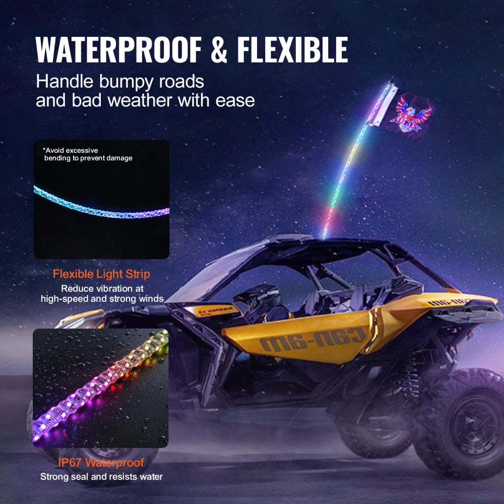 ODDTOOLS 1 PC 4 FT Whip Light, APP & RF Remote Control Led Whip Light, Waterproof 360° Spiral RGB Chasing Lighted Whips with 2 Flags, for UTVs, ATVs, Motorcycles, RZR, Can-am, Trucks, Off-road, Go-karts