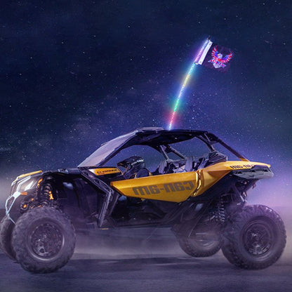 ODDTOOLS 1 PC 4 FT Whip Light, APP & RF Remote Control Led Whip Light, Waterproof 360° Spiral RGB Chasing Lighted Whips with 2 Flags, for UTVs, ATVs, Motorcycles, RZR, Can-am, Trucks, Off-road, Go-karts