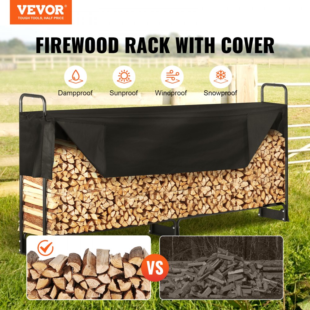 ODDTOOLS 8.5FT Outdoor Firewood Rack with Cover, 102x14.2x46.1 in, Heavy Duty Firewood Holder & 600D Oxford Waterproof Cover for Fireplace, Patio, Indoor/Outdoor Log Storage Rack for 1/2 Cord of Firewood