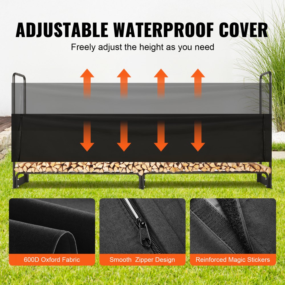 ODDTOOLS 8.5FT Outdoor Firewood Rack with Cover, 102x14.2x46.1 in, Heavy Duty Firewood Holder & 600D Oxford Waterproof Cover for Fireplace, Patio, Indoor/Outdoor Log Storage Rack for 1/2 Cord of Firewood