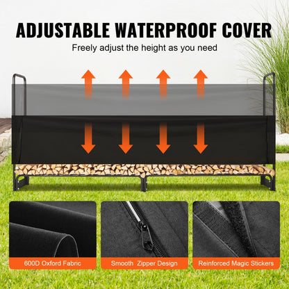 ODDTOOLS 8.5FT Outdoor Firewood Rack with Cover, 102x14.2x46.1 in, Heavy Duty Firewood Holder & 600D Oxford Waterproof Cover for Fireplace, Patio, Indoor/Outdoor Log Storage Rack for 1/2 Cord of Firewood