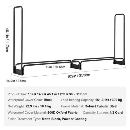 ODDTOOLS 8.5FT Outdoor Firewood Rack with Cover, 102x14.2x46.1 in, Heavy Duty Firewood Holder & 600D Oxford Waterproof Cover for Fireplace, Patio, Indoor/Outdoor Log Storage Rack for 1/2 Cord of Firewood