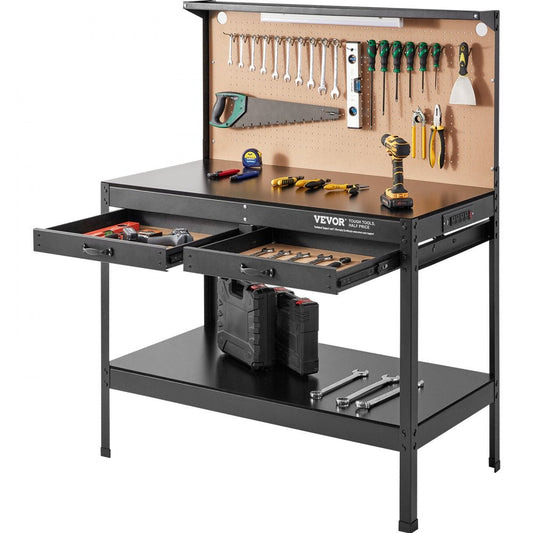 ODDTOOLS Workbench A3 Steel Work Bench For Garage max. 1500W Heavy Duty Workbench 220lbs Weight Capacity 0.47" Bench top Thickness Hardwood Workbench 1.5m Cable 4xAC outlets 2xUSB ports 30xHooks