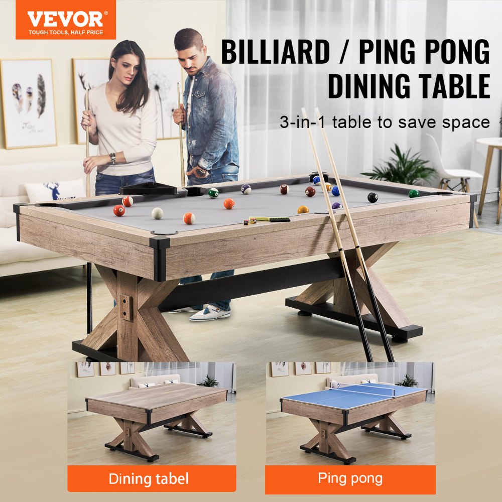 ODDTOOLS Billiards Table Combo Set, 7ft 3-in-1 Multi Game Table with Dining, Pool, and Tennis Table, Includes Full Set of Accessories, Wood Color with Grey Cloth, Perfect for Family Game Room Kids Adults