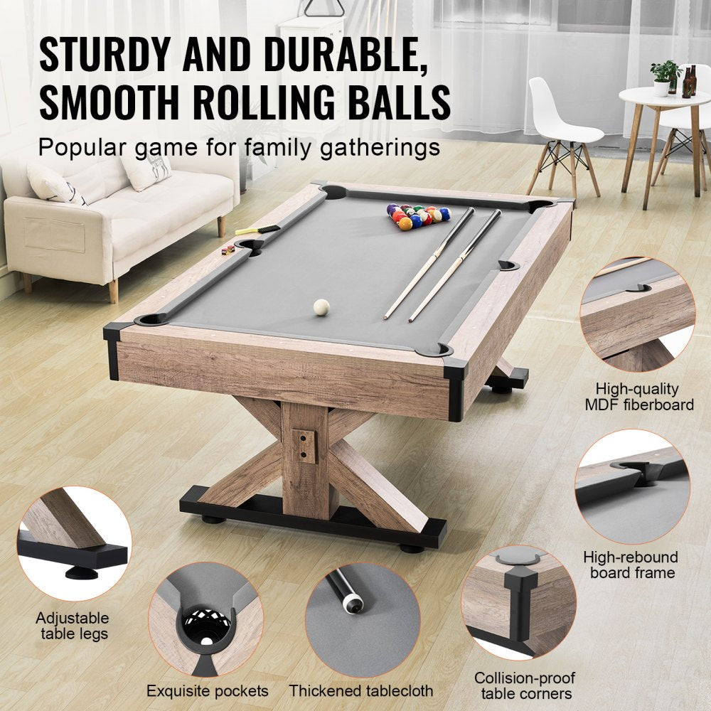 ODDTOOLS Billiards Table Combo Set, 7ft 3-in-1 Multi Game Table with Dining, Pool, and Tennis Table, Includes Full Set of Accessories, Wood Color with Grey Cloth, Perfect for Family Game Room Kids Adults