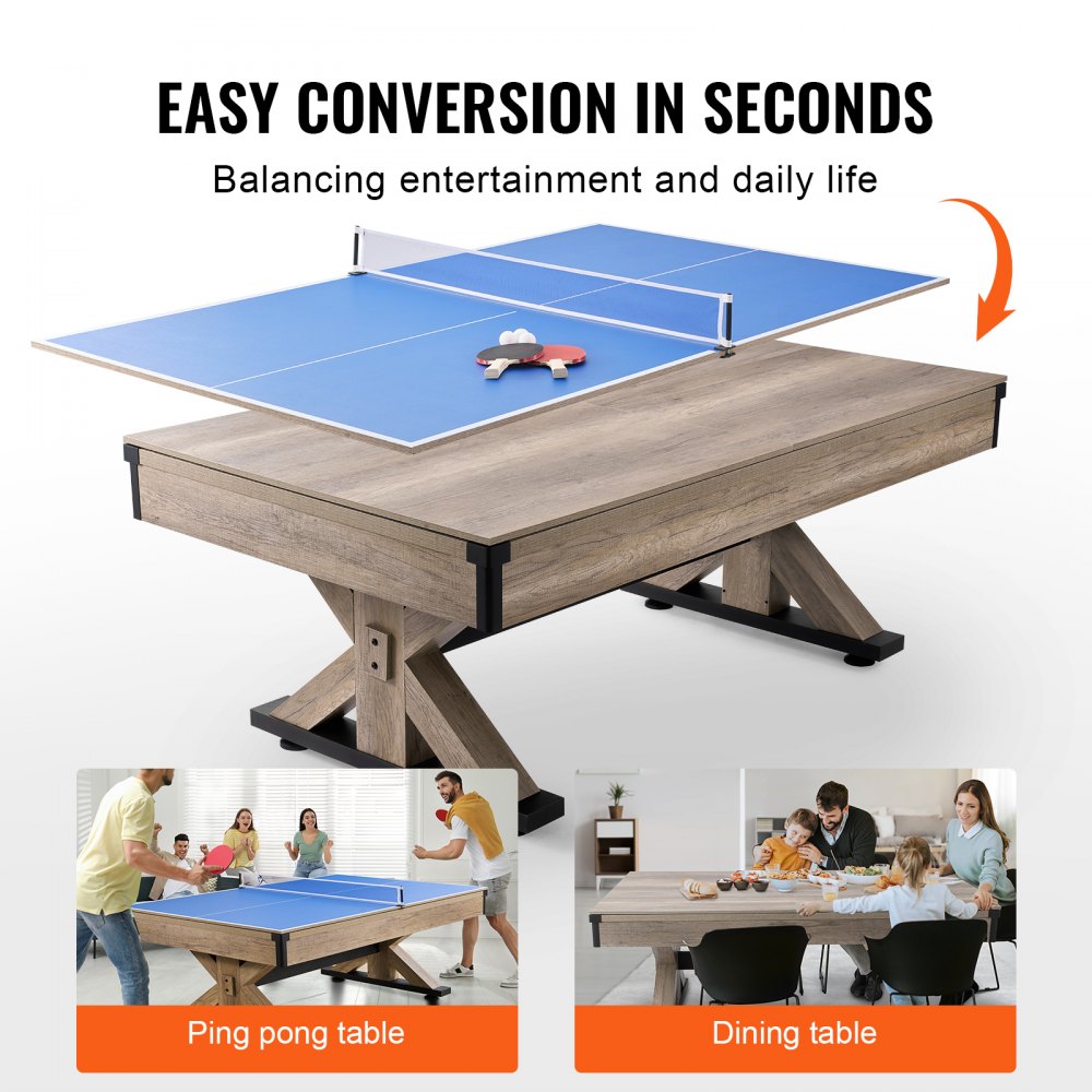 ODDTOOLS Billiards Table Combo Set, 7ft 3-in-1 Multi Game Table with Dining, Pool, and Tennis Table, Includes Full Set of Accessories, Wood Color with Grey Cloth, Perfect for Family Game Room Kids Adults
