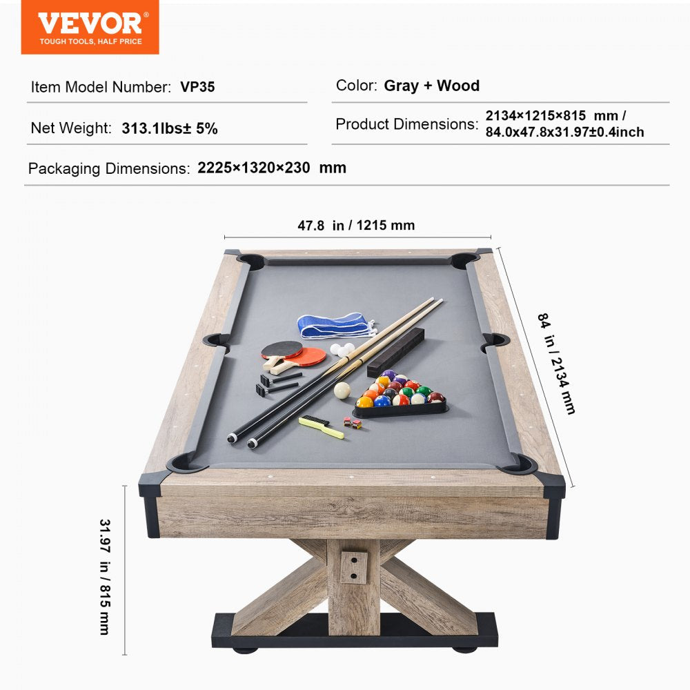 ODDTOOLS Billiards Table Combo Set, 7ft 3-in-1 Multi Game Table with Dining, Pool, and Tennis Table, Includes Full Set of Accessories, Wood Color with Grey Cloth, Perfect for Family Game Room Kids Adults