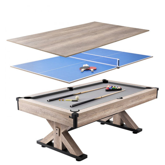ODDTOOLS Billiards Table Combo Set, 7ft 3-in-1 Multi Game Table with Dining, Pool, and Tennis Table, Includes Full Set of Accessories, Wood Color with Grey Cloth, Perfect for Family Game Room Kids Adults