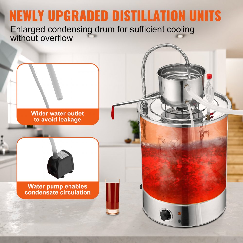 ODDTOOLS Alcohol Still, 15 Gal 50L Water Alcohol Distiller, Home Distillery Kit include Stainless Steel Tube & Pump & One-way Exhaust Valve & Thermometer (30-120℃ ) for DIY Whisky Wine Brandy, Silver