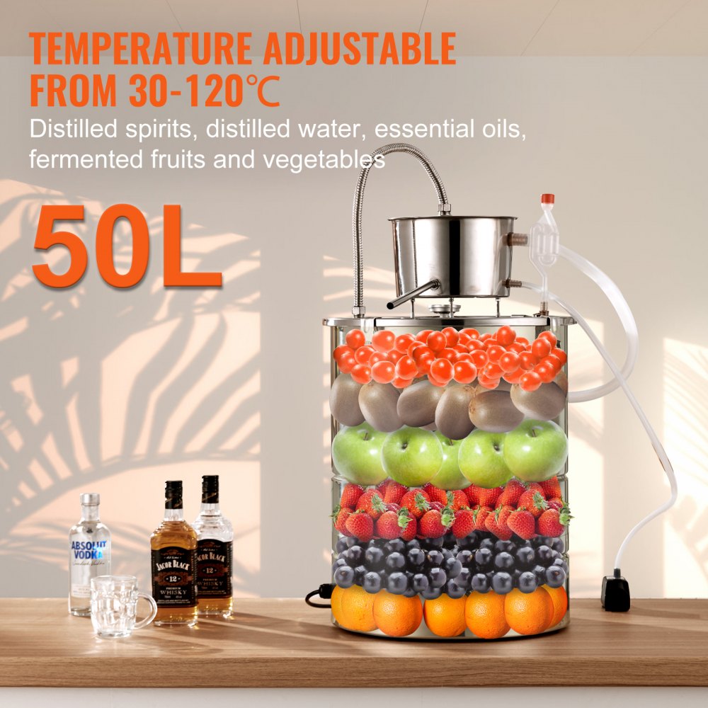 ODDTOOLS Alcohol Still, 15 Gal 50L Water Alcohol Distiller, Home Distillery Kit include Stainless Steel Tube & Pump & One-way Exhaust Valve & Thermometer (30-120℃ ) for DIY Whisky Wine Brandy, Silver