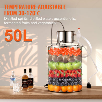 ODDTOOLS Alcohol Still, 15 Gal 50L Water Alcohol Distiller, Home Distillery Kit include Stainless Steel Tube & Pump & One-way Exhaust Valve & Thermometer (30-120℃ ) for DIY Whisky Wine Brandy, Silver