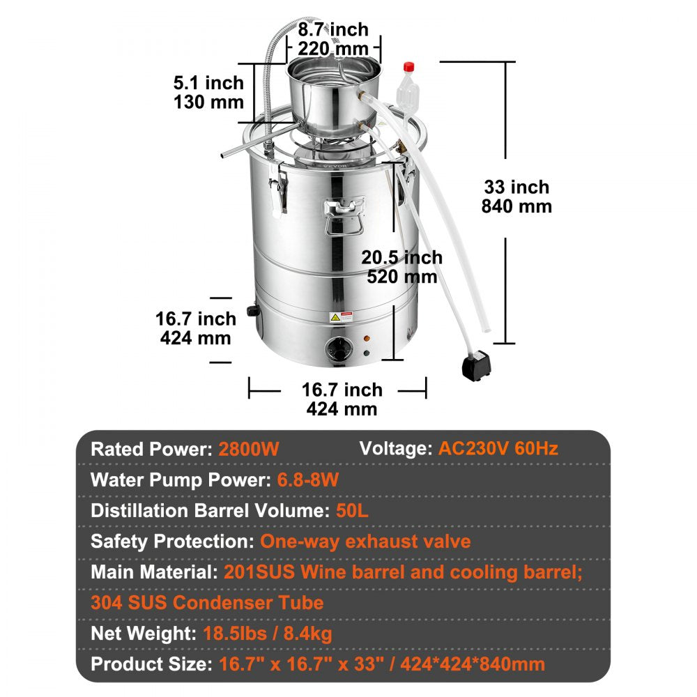 ODDTOOLS Alcohol Still, 15 Gal 50L Water Alcohol Distiller, Home Distillery Kit include Stainless Steel Tube & Pump & One-way Exhaust Valve & Thermometer (30-120℃ ) for DIY Whisky Wine Brandy, Silver