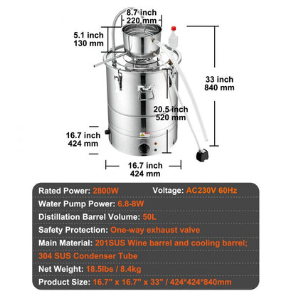 ODDTOOLS Alcohol Still, 15 Gal 50L Water Alcohol Distiller, Home Distillery Kit include Stainless Steel Tube & Pump & One-way Exhaust Valve & Thermometer (30-120℃ ) for DIY Whisky Wine Brandy, Silver