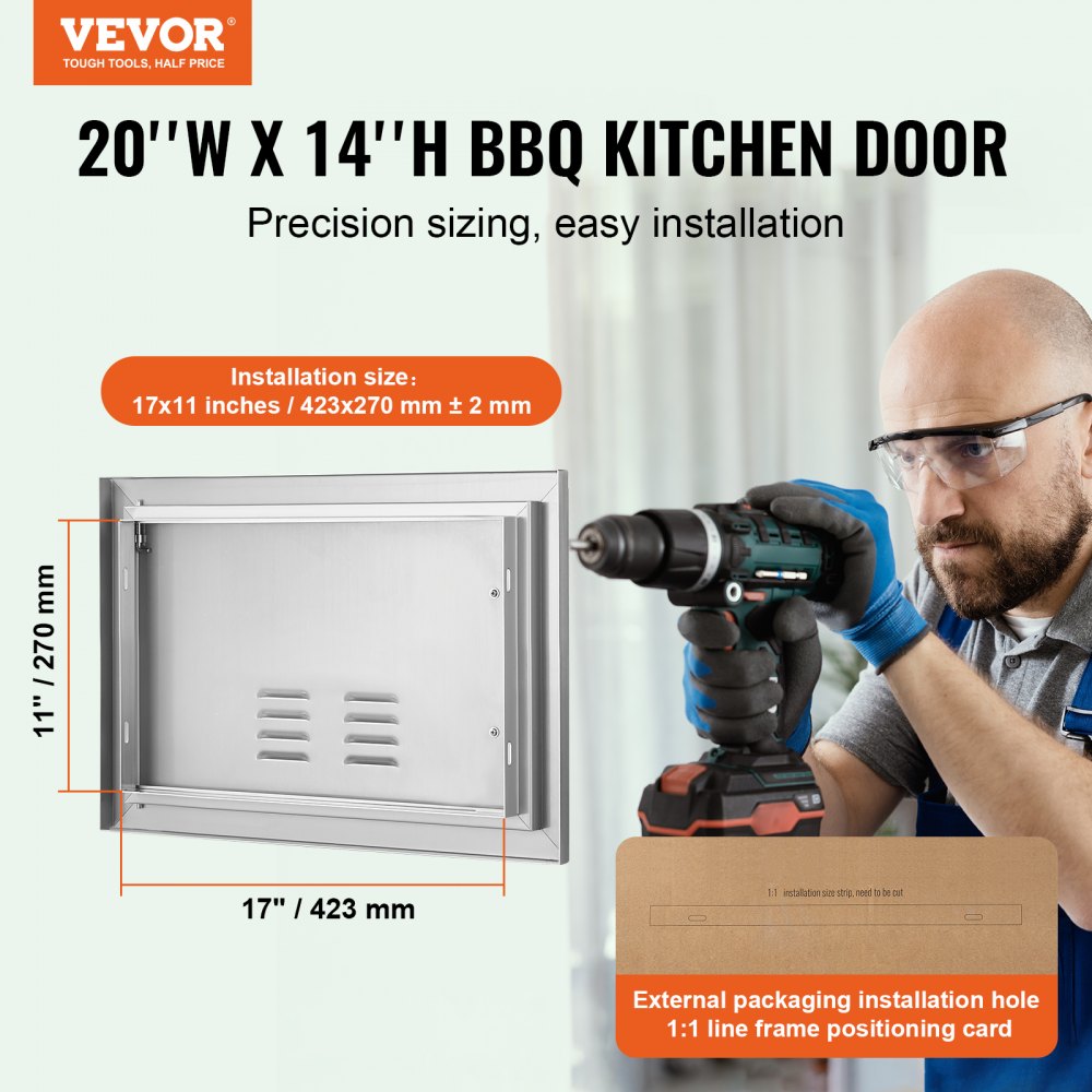 ODDTOOLS BBQ Access Door, 20W x 14H Inch Single Outdoor Kitchen Door, Stainless Steel Flush Mount Door, Wall Vertical Door with Handle and vents, for BBQ Island, Grilling Station, Outside Cabinet