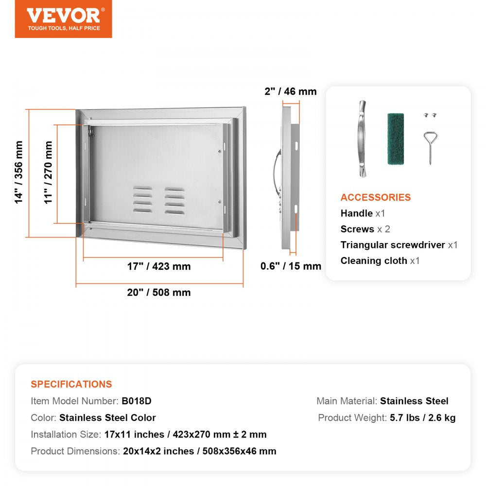 ODDTOOLS BBQ Access Door, 20W x 14H Inch Single Outdoor Kitchen Door, Stainless Steel Flush Mount Door, Wall Vertical Door with Handle and vents, for BBQ Island, Grilling Station, Outside Cabinet
