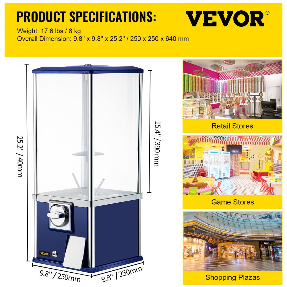 ODDTOOLS Vending Machine, 25.2" Height Candy Gumball Machine, Huge Load Capacity Gumball Bank, Candy Vending Machine for 1.8"-2.2" Gadgets, Perfect for Game Stores and Retail Stores Vintage Style Blue
