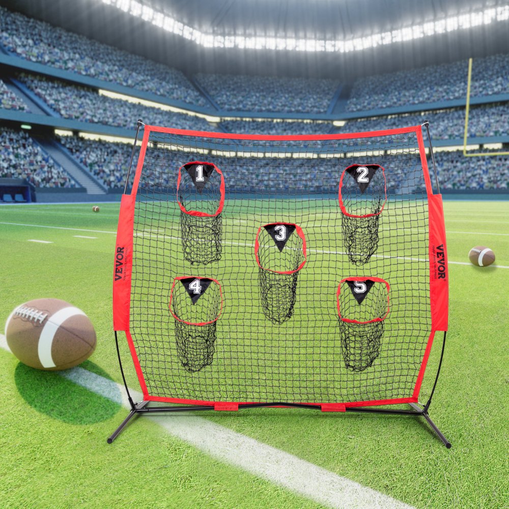 ODDTOOLS 7 x 7 ft Football Trainer Throwing Net, Training Throwing Target Practice Net with 5 Target Pockets, Knotless Net Includes Bow Frame and Portable Carry Case, Improve QB Throwing Accuracy, Red