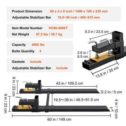 ODDTOOLS  Pallet Forks, 4000 lbs Clamp on Pallet Forks, 60" Total Length Heavy Duty Pallet Forks with Adjustable Stabilizer Bar, Tractor Bucket Forks for Tractor Attachments, Skid Steer, Loader Bucket