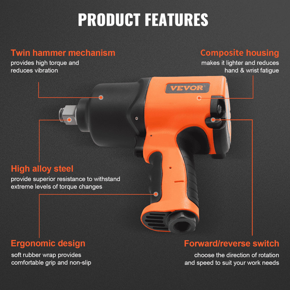 ODDTOOLS Air Impact Wrench 3/4" Square Drive 1870ft-lb Nut-busting Torque 90-120PSI