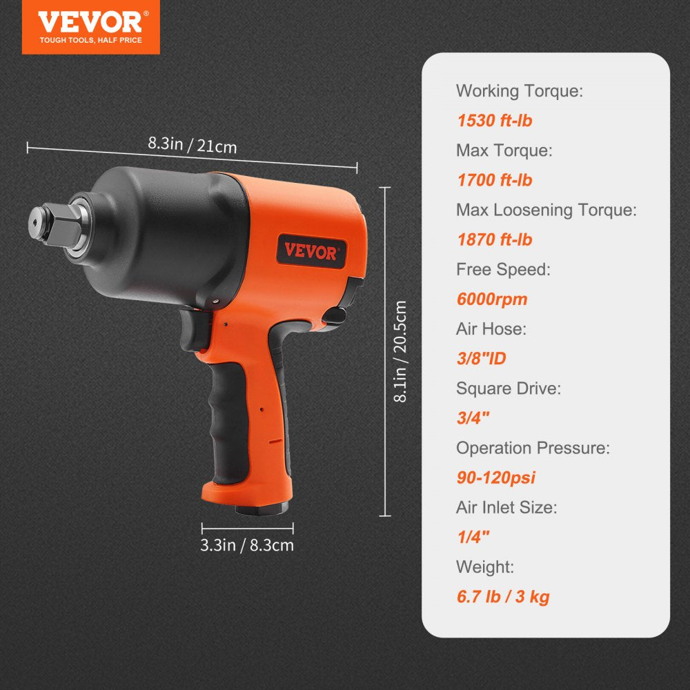 ODDTOOLS Air Impact Wrench 3/4" Square Drive 1870ft-lb Nut-busting Torque 90-120PSI