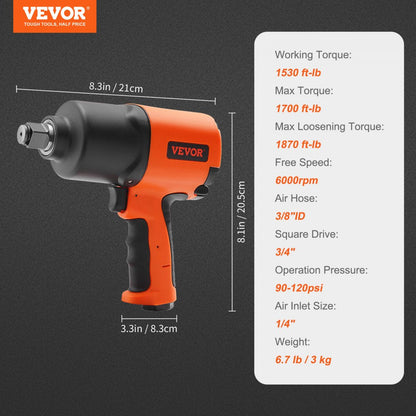ODDTOOLS Air Impact Wrench 3/4" Square Drive 1870ft-lb Nut-busting Torque 90-120PSI