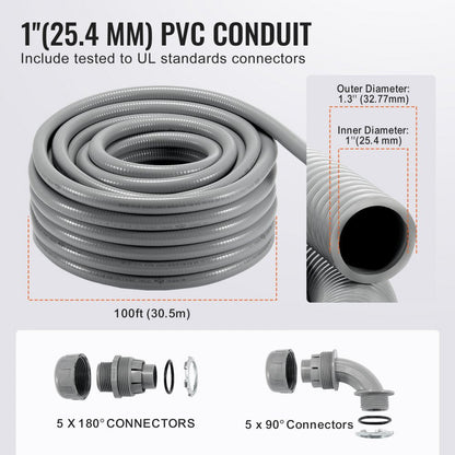 ODDTOOLS 1-Inch Flexible Electrical Conduit, 100 ft, PVC Liquid-Tight Conduit Non-Metallic with 5 Straight and 5 90-Degree Conduit Connector Fittings, for Air Conditioning Motor Controller Pump, IP65