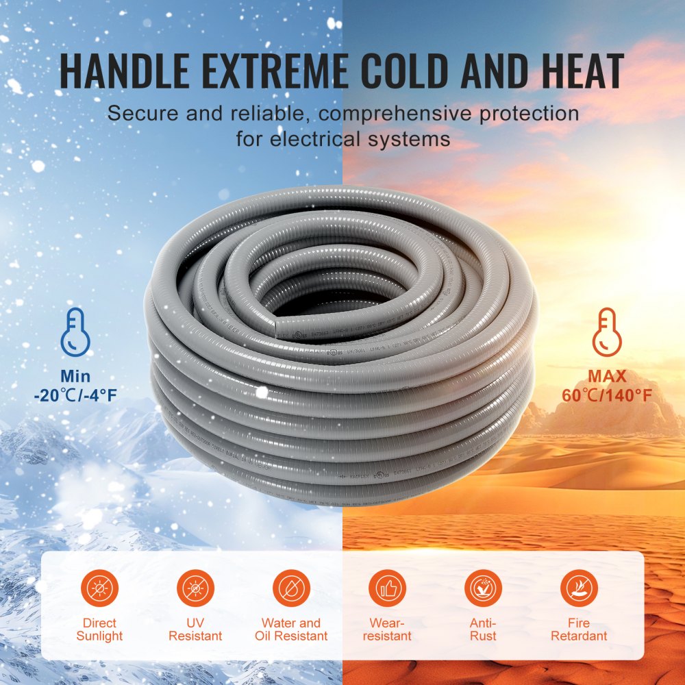 ODDTOOLS 1-Inch Flexible Electrical Conduit, 100 ft, PVC Liquid-Tight Conduit Non-Metallic with 5 Straight and 5 90-Degree Conduit Connector Fittings, for Air Conditioning Motor Controller Pump, IP65