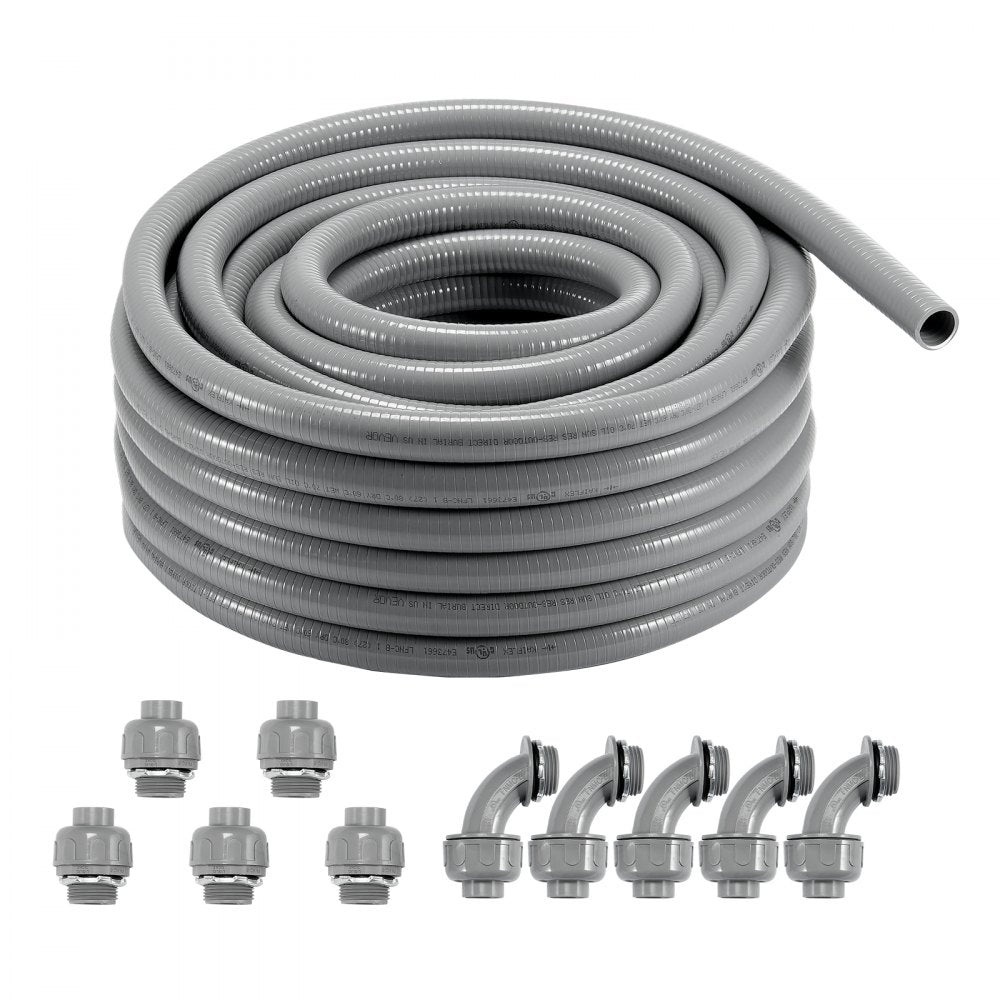 ODDTOOLS 1-Inch Flexible Electrical Conduit, 100 ft, PVC Liquid-Tight Conduit Non-Metallic with 5 Straight and 5 90-Degree Conduit Connector Fittings, for Air Conditioning Motor Controller Pump, IP65