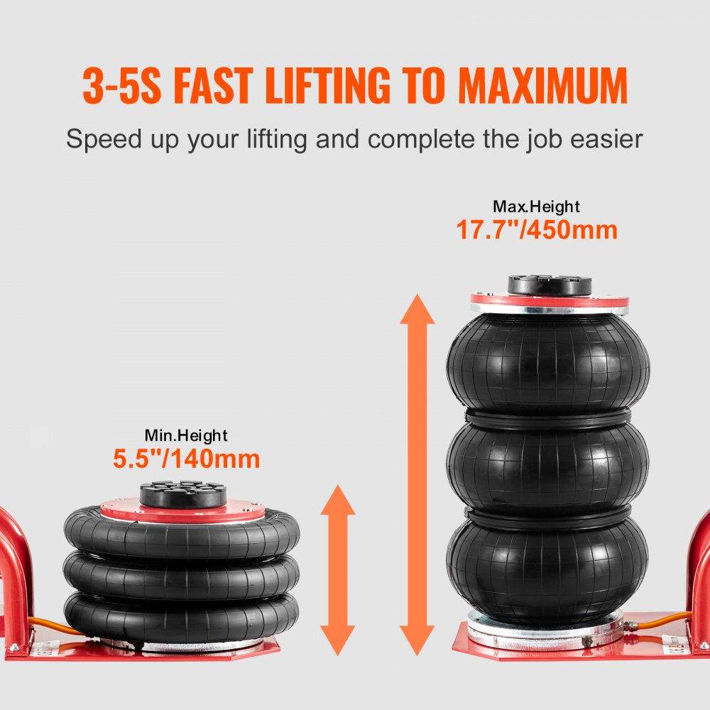 ODDTOOLS Air Jack, 3 Ton/6600 lbs Triple Bag Air Jack, Airbag Jack with Six Steel Pipes, Lift up to 17.7 inch/450 mm, 3-5 s Fast Lifting Pneumatic Jack, with Side Handles for Car, Garage, Repair (Red)