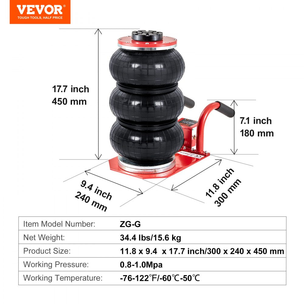 ODDTOOLS Air Jack, 3 Ton/6600 lbs Triple Bag Air Jack, Airbag Jack with Six Steel Pipes, Lift up to 17.7 inch/450 mm, 3-5 s Fast Lifting Pneumatic Jack, with Side Handles for Car, Garage, Repair (Red)