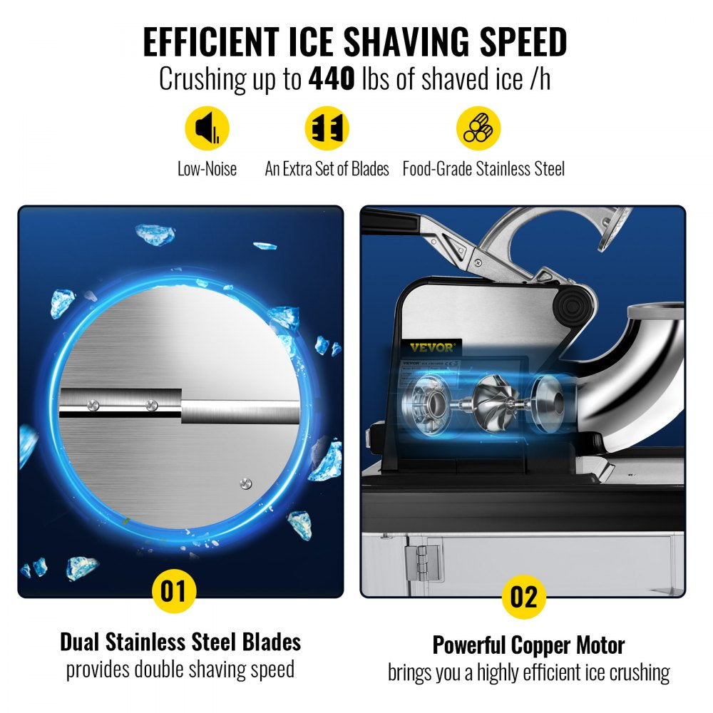 ODDTOOLS 110V Commercial Ice Crusher 440LBS/H, ETL Approved 300W Electric Snow Cone Machine with Dual Blades, Stainless Steel Shaved Ice Machine with Safety On/Off Switch for Family, Restaurants, Bars