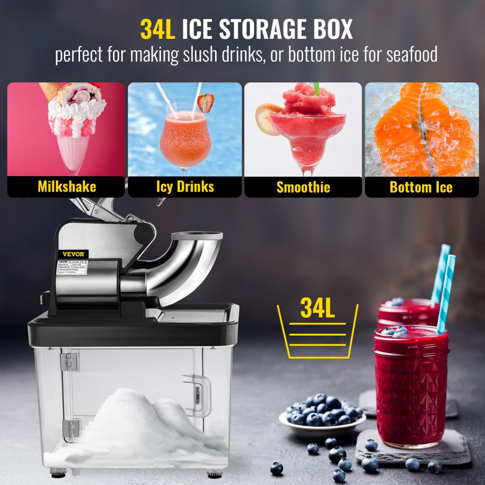 ODDTOOLS 110V Commercial Ice Crusher 440LBS/H, ETL Approved 300W Electric Snow Cone Machine with Dual Blades, Stainless Steel Shaved Ice Machine with Safety On/Off Switch for Family, Restaurants, Bars