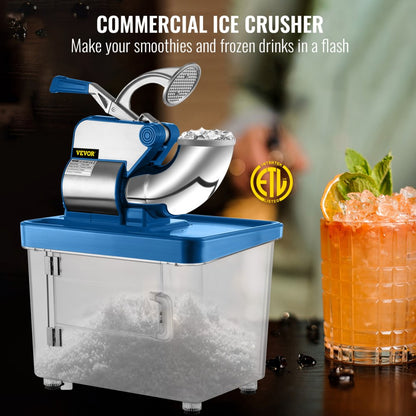 ODDTOOLS 110V Commercial Ice Crusher 440LBS/H, ETL Approved 300W Electric Snow Cone Machine with Dual Blades, Stainless Steel Shaved Ice Machine with Safety On/Off Switch for Family, Restaurants, Bars