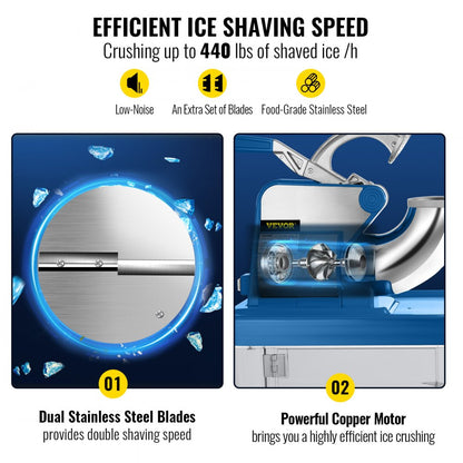 ODDTOOLS 110V Commercial Ice Crusher 440LBS/H, ETL Approved 300W Electric Snow Cone Machine with Dual Blades, Stainless Steel Shaved Ice Machine with Safety On/Off Switch for Family, Restaurants, Bars