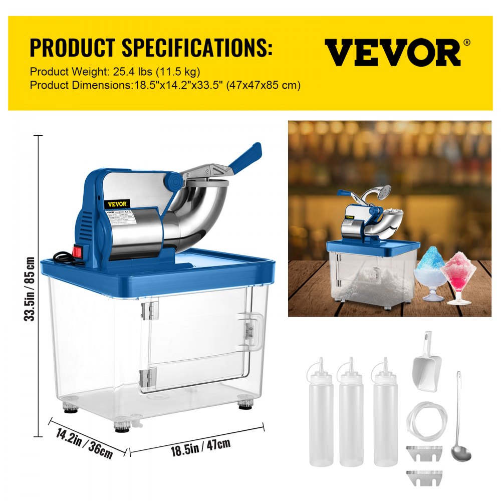 ODDTOOLS 110V Commercial Ice Crusher 440LBS/H, ETL Approved 300W Electric Snow Cone Machine with Dual Blades, Stainless Steel Shaved Ice Machine with Safety On/Off Switch for Family, Restaurants, Bars