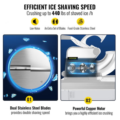 ODDTOOLS 110V Commercial Ice Crusher 440LBS/H, ETL Approved 300W Electric Snow Cone Machine with Dual Blades, Stainless Steel Shaved Ice Machine with Safety On/Off Switch for Family, Restaurants, Bars