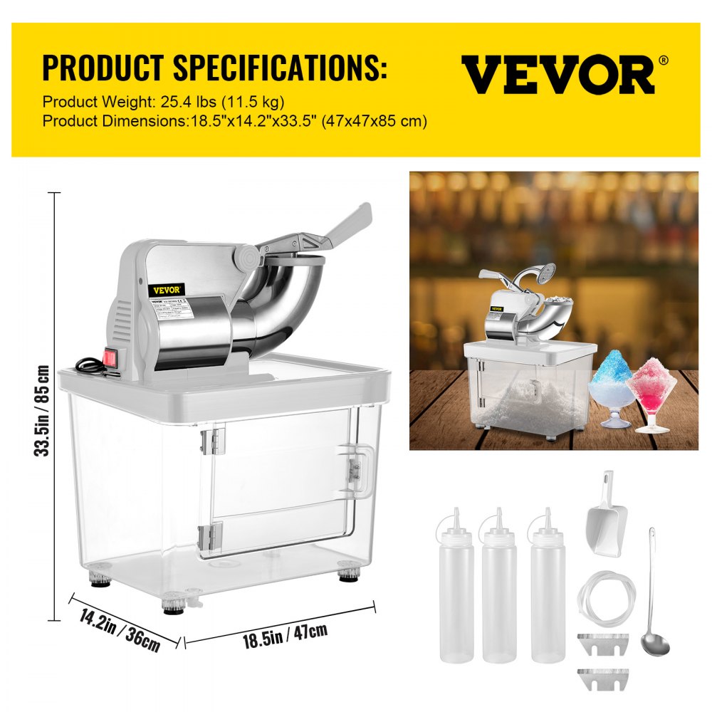 ODDTOOLS 110V Commercial Ice Crusher 440LBS/H, ETL Approved 300W Electric Snow Cone Machine with Dual Blades, Stainless Steel Shaved Ice Machine with Safety On/Off Switch for Family, Restaurants, Bars