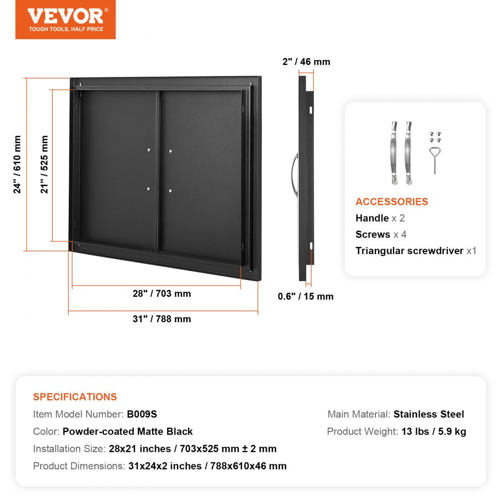 ODDTOOLS BBQ Access Door, 31W x 24H Inch Double Outdoor Kitchen Door, Cold Plate Flush Mount Door, Wall Vertical Door with Handles, for BBQ Island, Grilling Station, Outside Cabinet