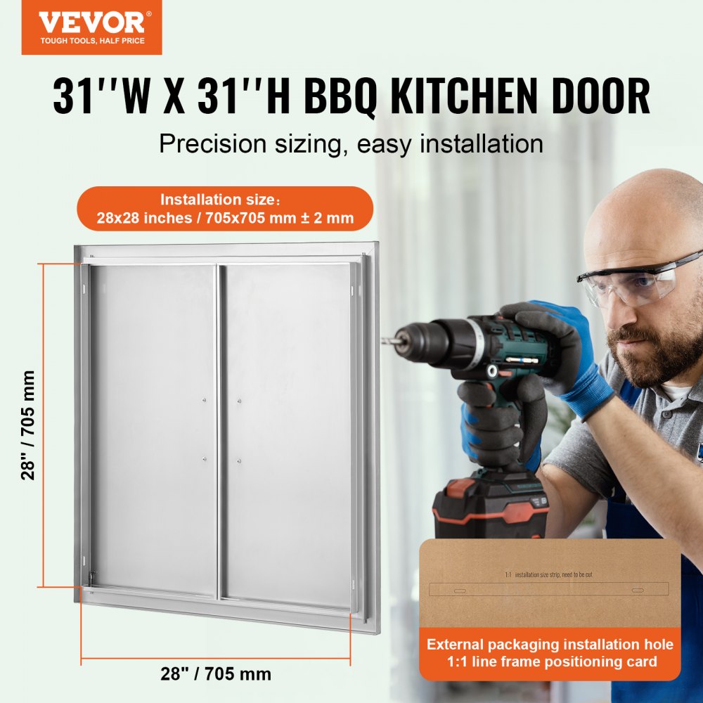 ODDTOOLS BBQ Access Door, 31W x 31H Inch Double Outdoor Kitchen Door, Stainless Steel Flush Mount Door, Wall Vertical Door with Handles, for BBQ Island, Grilling Station, Outside Cabinet